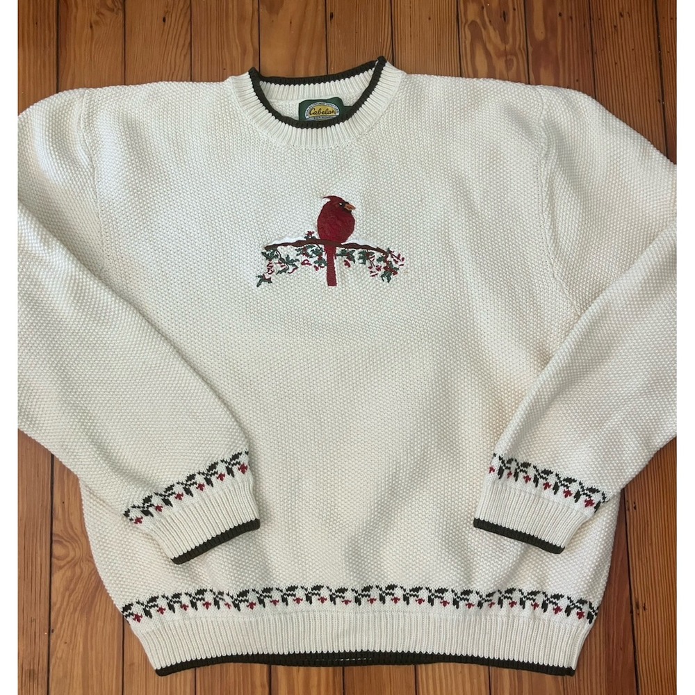 Y2k  90s Cardinal Knit Sweater XL  White‎ Pullover Christmas Grannycore
